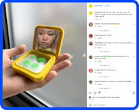 A hand holding a yellow compact mirror displaying the reflection of a young woman with short blonde hair wearing green star-shaped pimple patches on her face. The compact contains additional green star-shaped pimple patches. The background shows the interface of an Instagram post by STARFACE, featuring comments from followers expressing admiration for the product. The user's Instagram handle and engagement metrics are visible in the post.