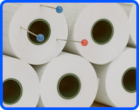 Six receipt rolls stacked on top of each other with one red and two blue sewing pins.